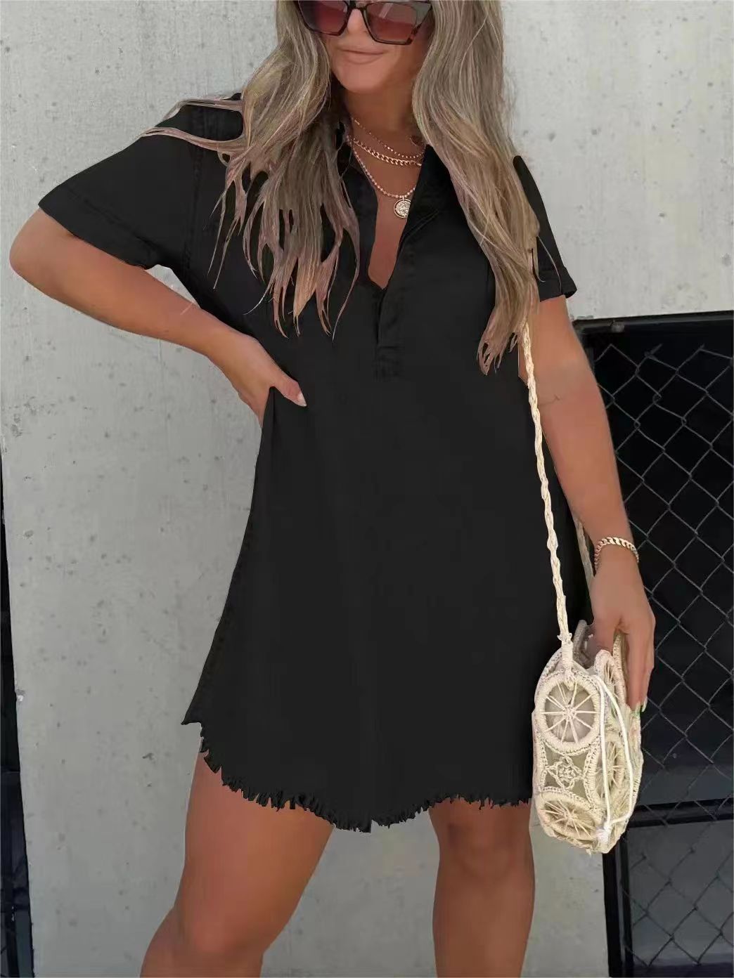 Casual Polo Collar Short Sleeve Denim Skirt Women's Retro Style Commuter Dress