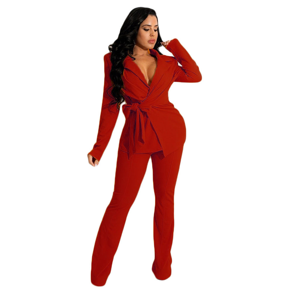 Solid Color Professional V Neck Fashion Women's Two Piece Set