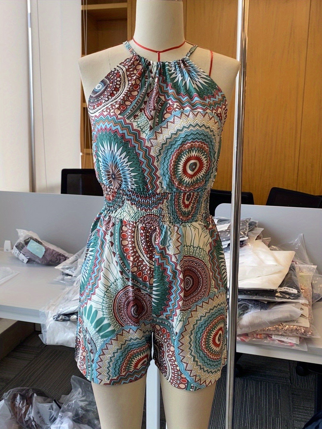 Waist Printed Halter Off-the-shoulder One-piece Shorts