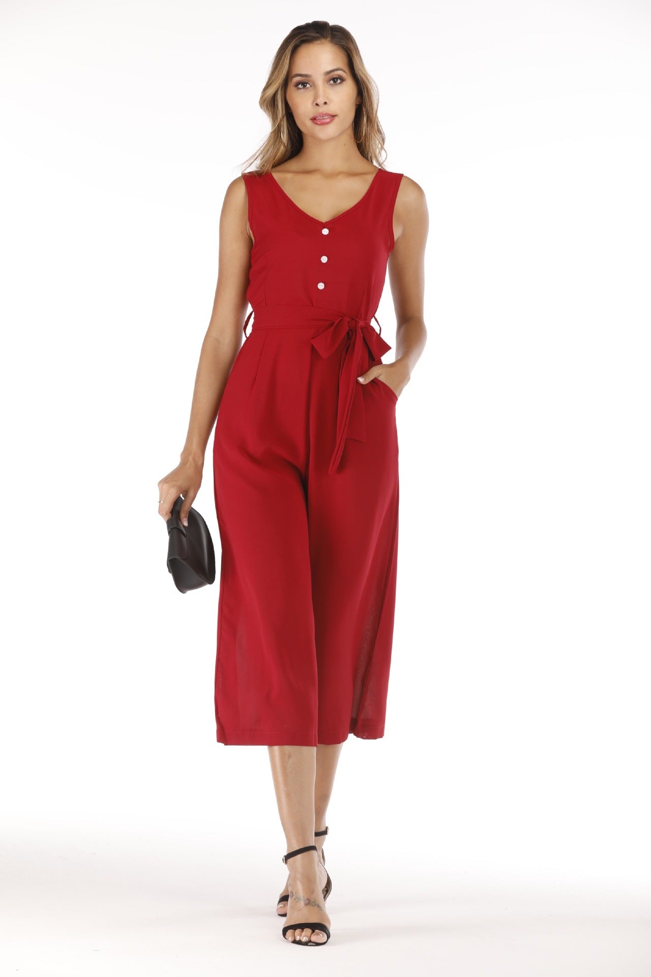 V-neck halter buttons with belt jumpsuit