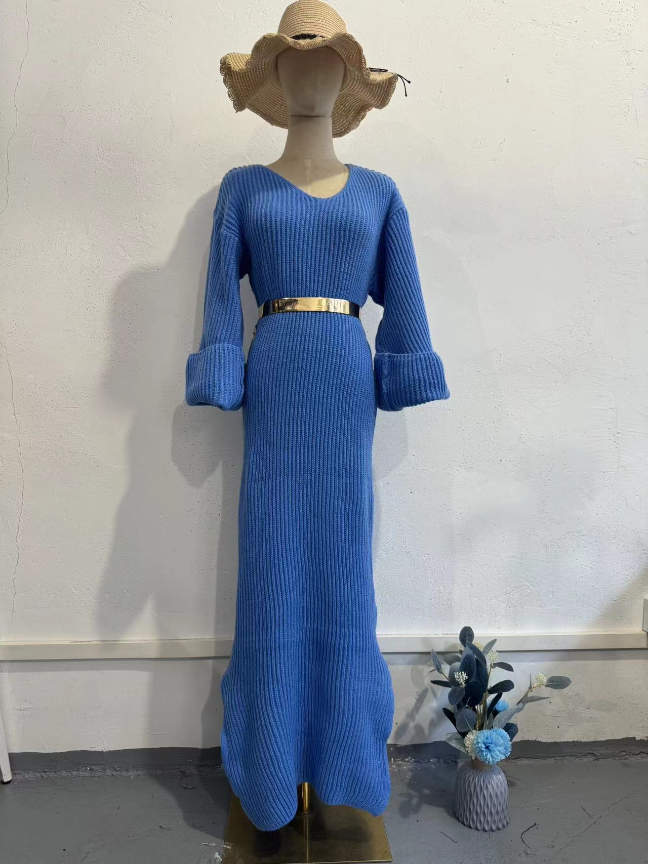 Knitted Pullover V-neck Long Slim Fit Dress