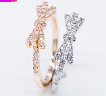 Fashion literary and diamond-encrusted bow ring Simple strips and tail ring ring student jewelry