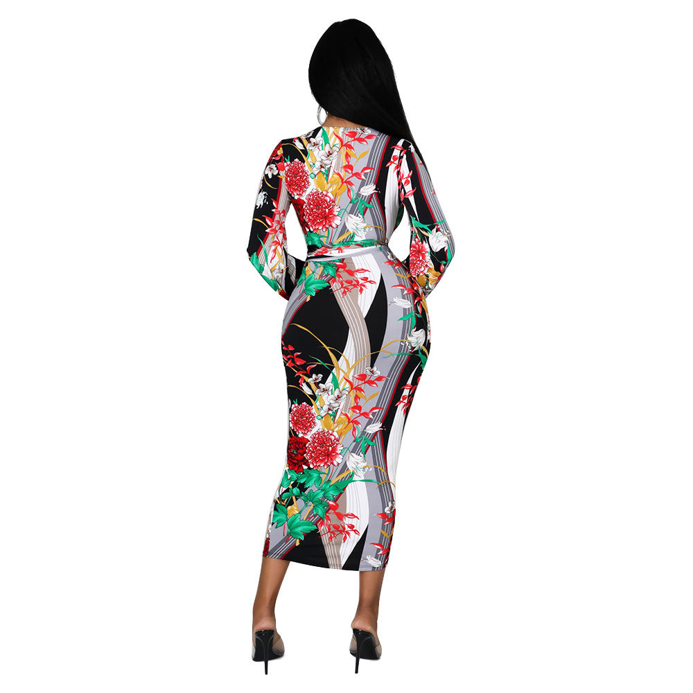 Women's Fashion Lace Up Long Sleeve Print Dress