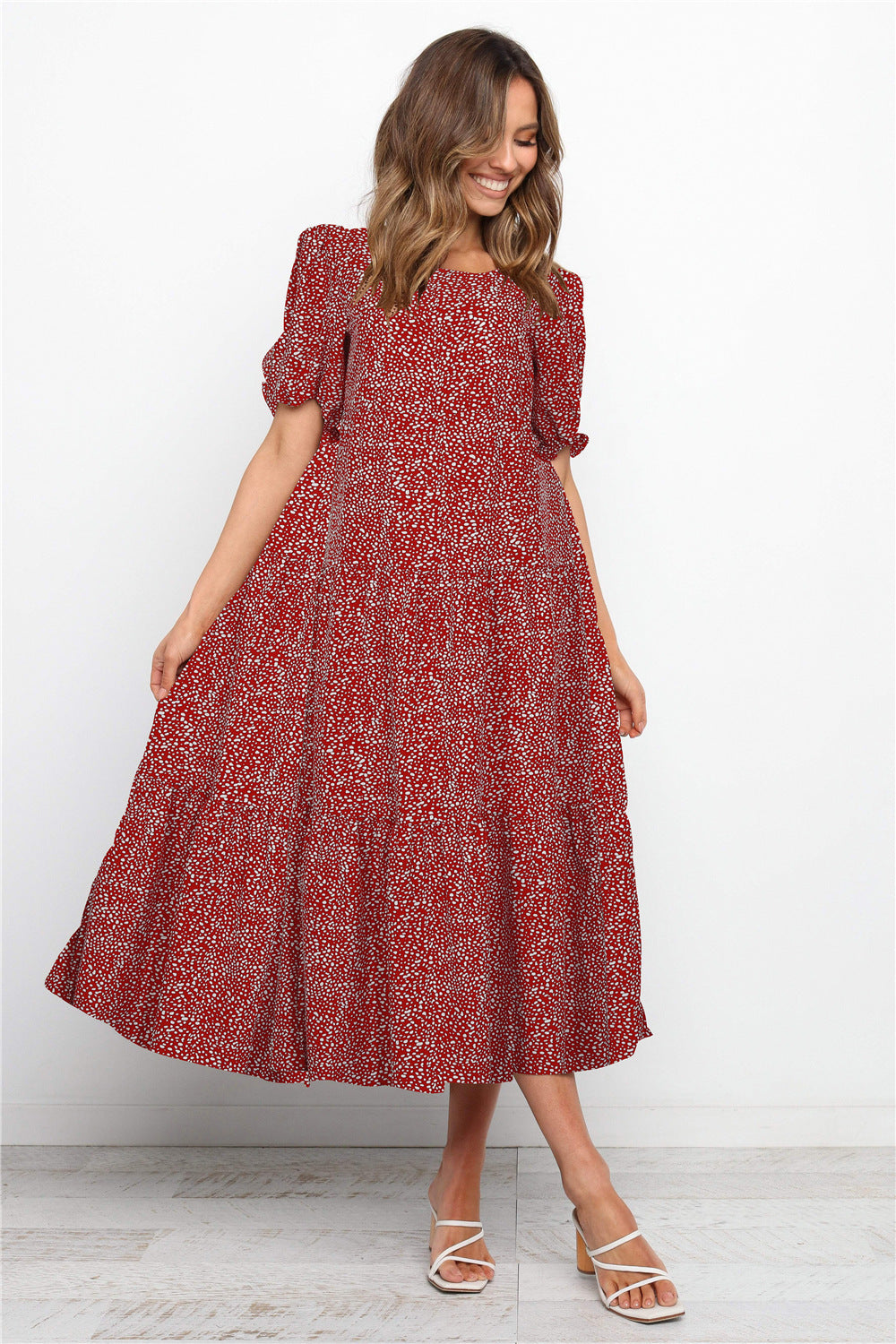 Puff Sleeves Plaid Polka Dot Stitching Loose Dress Long Skirt