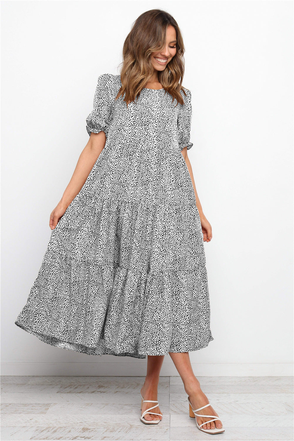 Puff Sleeves Plaid Polka Dot Stitching Loose Dress Long Skirt
