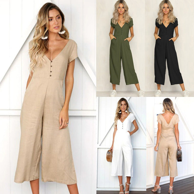 Fashion V Neck Button Cutout Halter Short Sleeved Jumpsuit Women