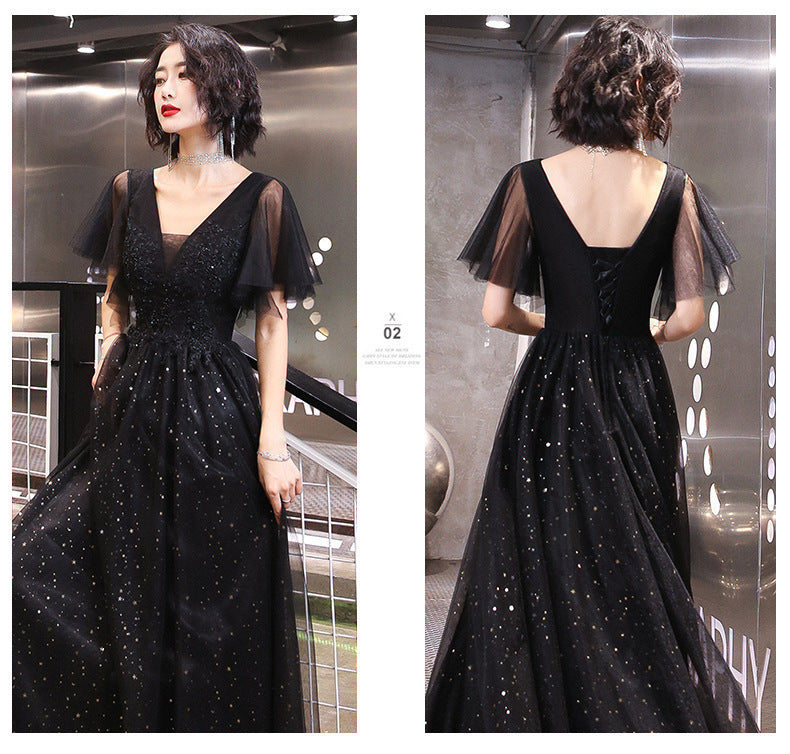 Evening Dress Female New Black Long Section V-Neck Party Slim Slim Sequin Dress Banquet Evening Dress