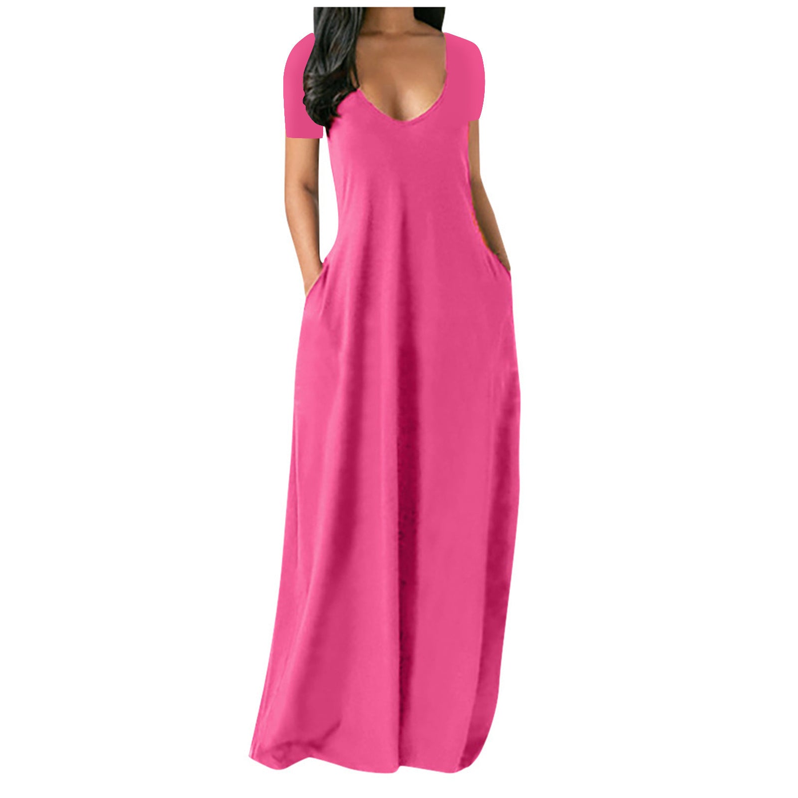Women's solid color sexy deep V short sleeve long skirt