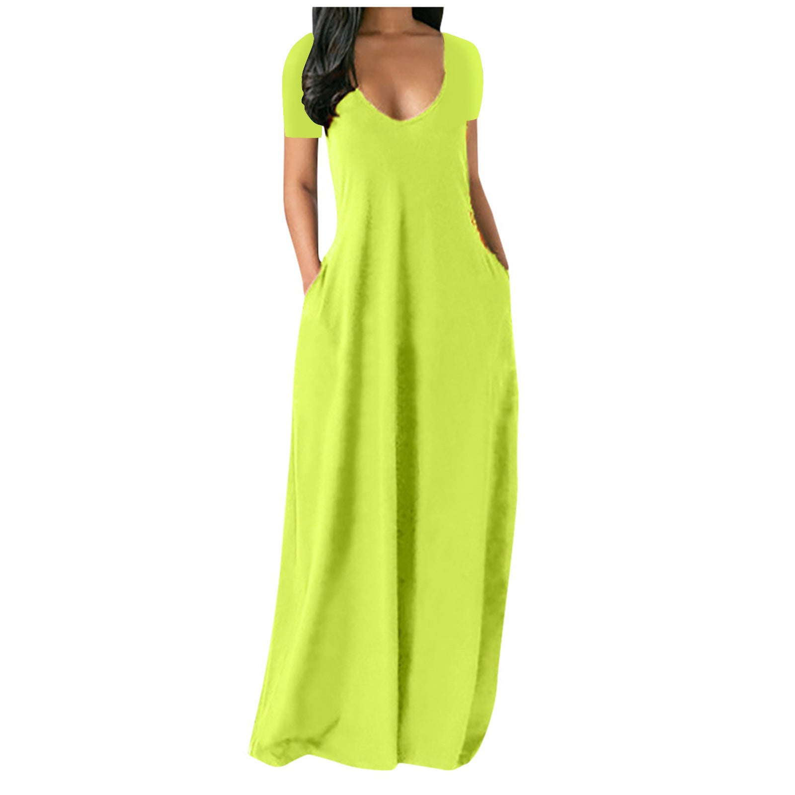 Women's solid color sexy deep V short sleeve long skirt