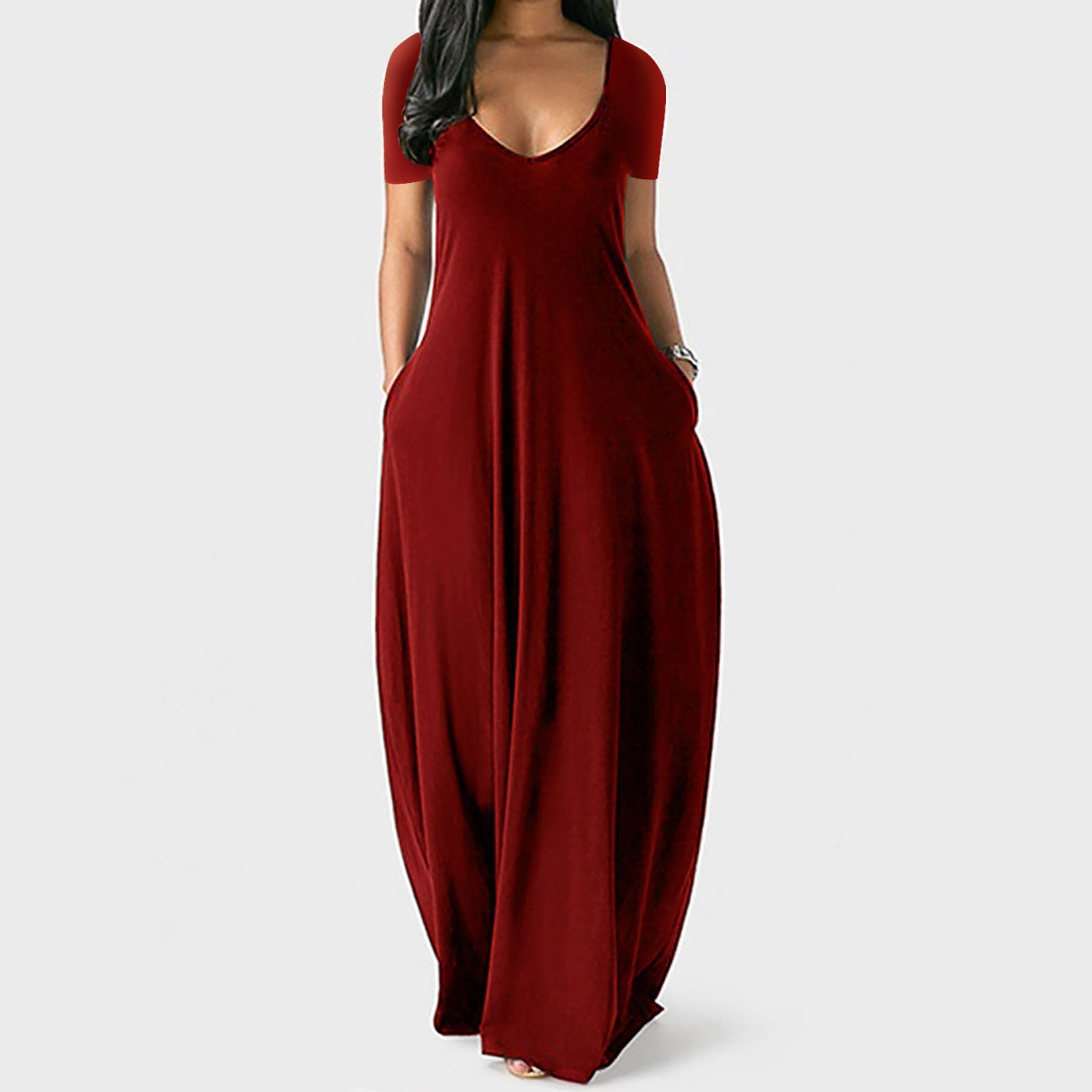 Women's solid color sexy deep V short sleeve long skirt