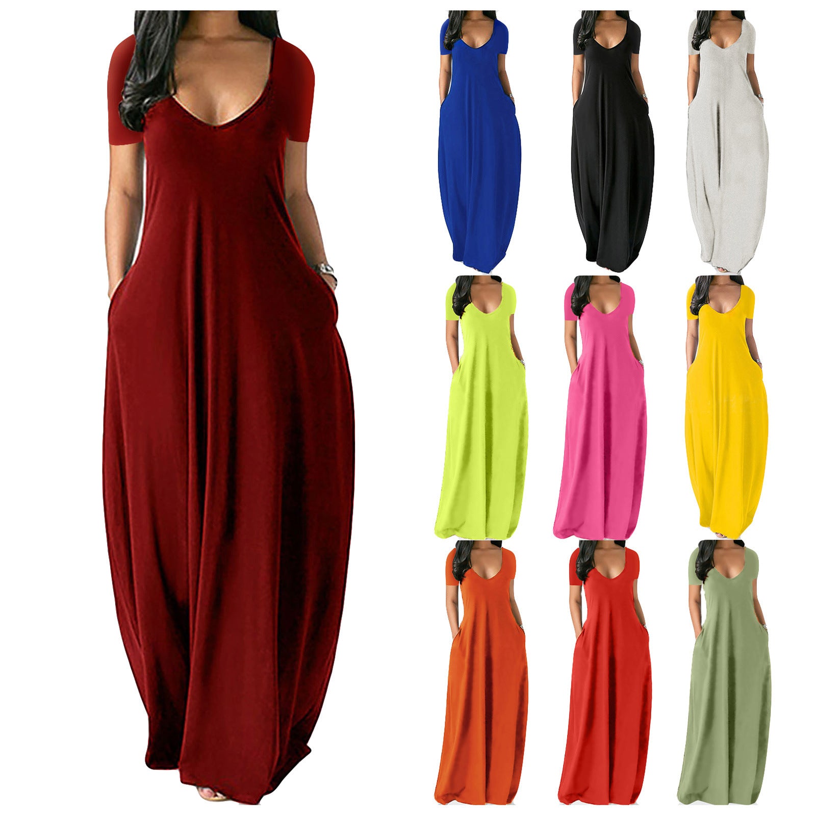 Women's solid color sexy deep V short sleeve long skirt