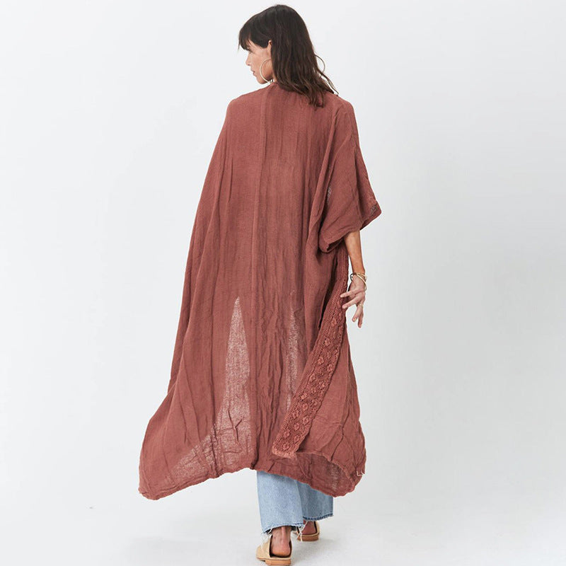 Rusty Red Bamboo Knotted Lace Beach Blouse Loose Sexy Cardigan Holiday Sun Protection Shirt One-Piece Dress