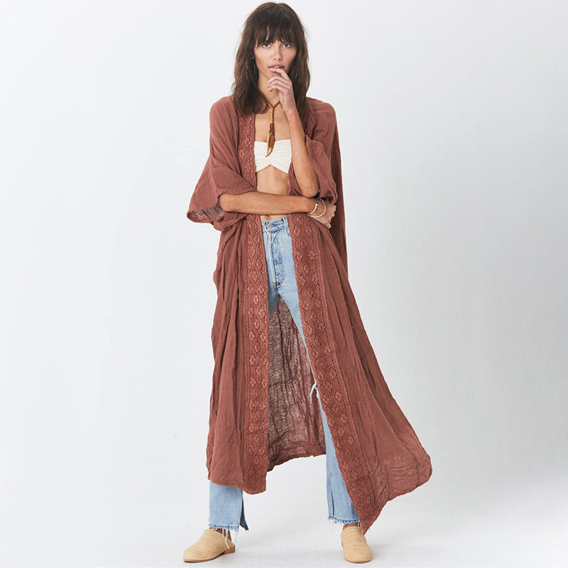 Rusty Red Bamboo Knotted Lace Beach Blouse Loose Sexy Cardigan Holiday Sun Protection Shirt One-Piece Dress