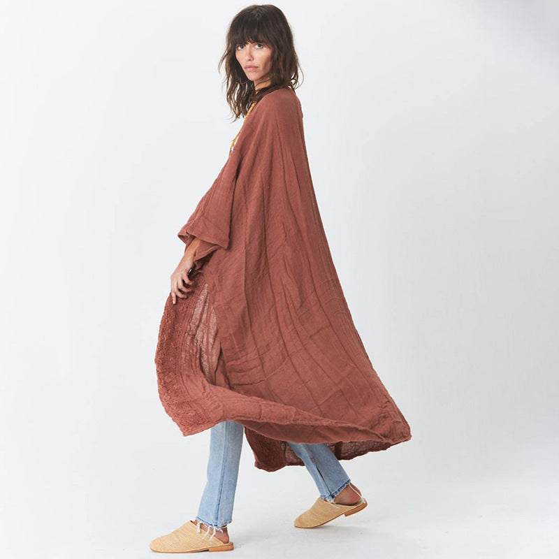 Rusty Red Bamboo Knotted Lace Beach Blouse Loose Sexy Cardigan Holiday Sun Protection Shirt One-Piece Dress