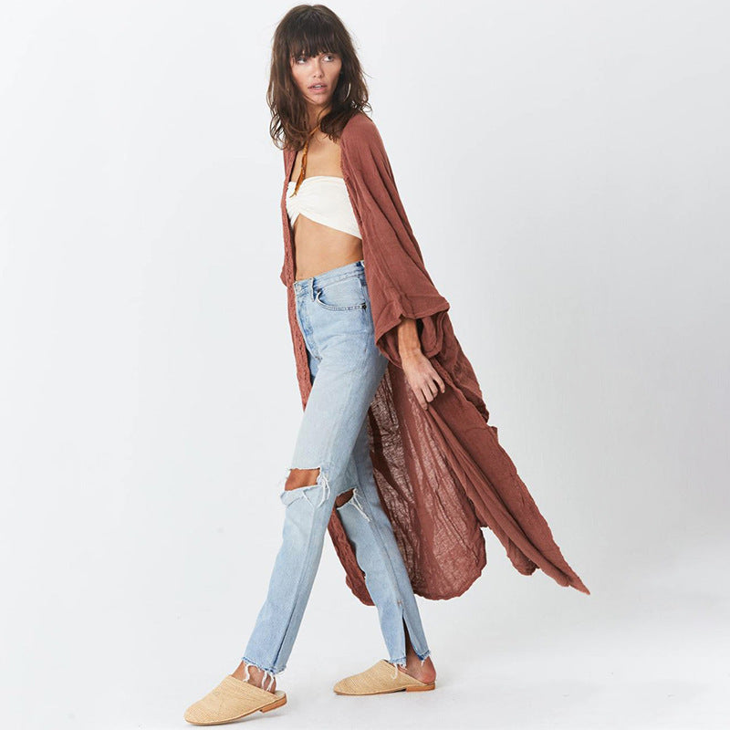 Rusty Red Bamboo Knotted Lace Beach Blouse Loose Sexy Cardigan Holiday Sun Protection Shirt One-Piece Dress