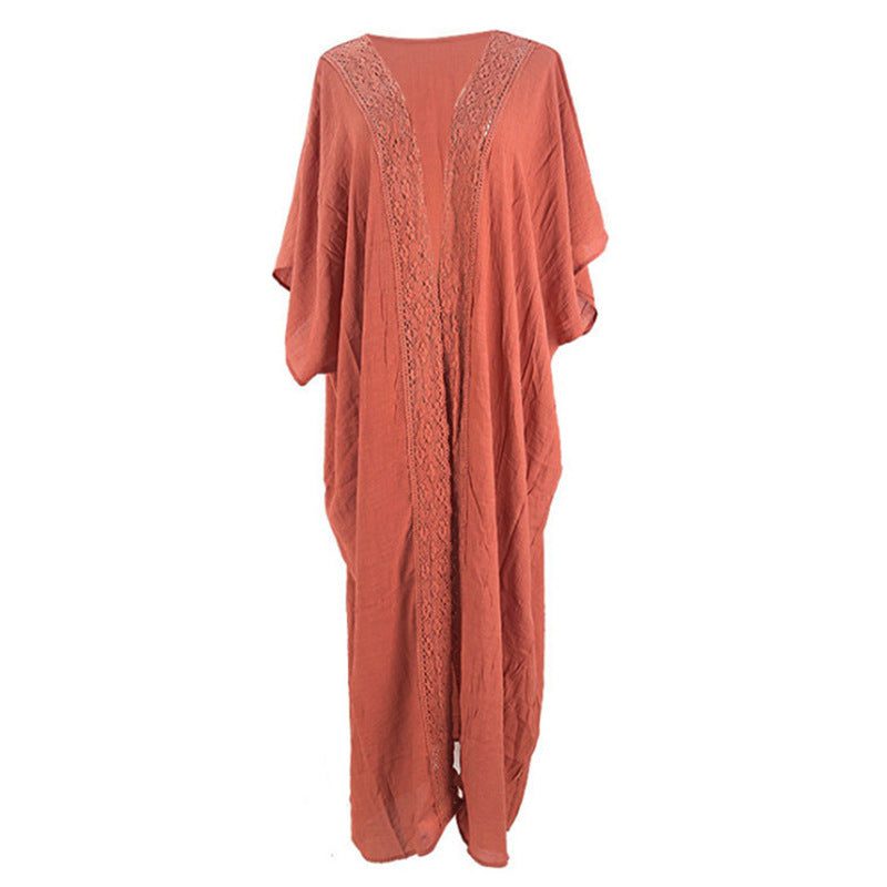 Rusty Red Bamboo Knotted Lace Beach Blouse Loose Sexy Cardigan Holiday Sun Protection Shirt One-Piece Dress