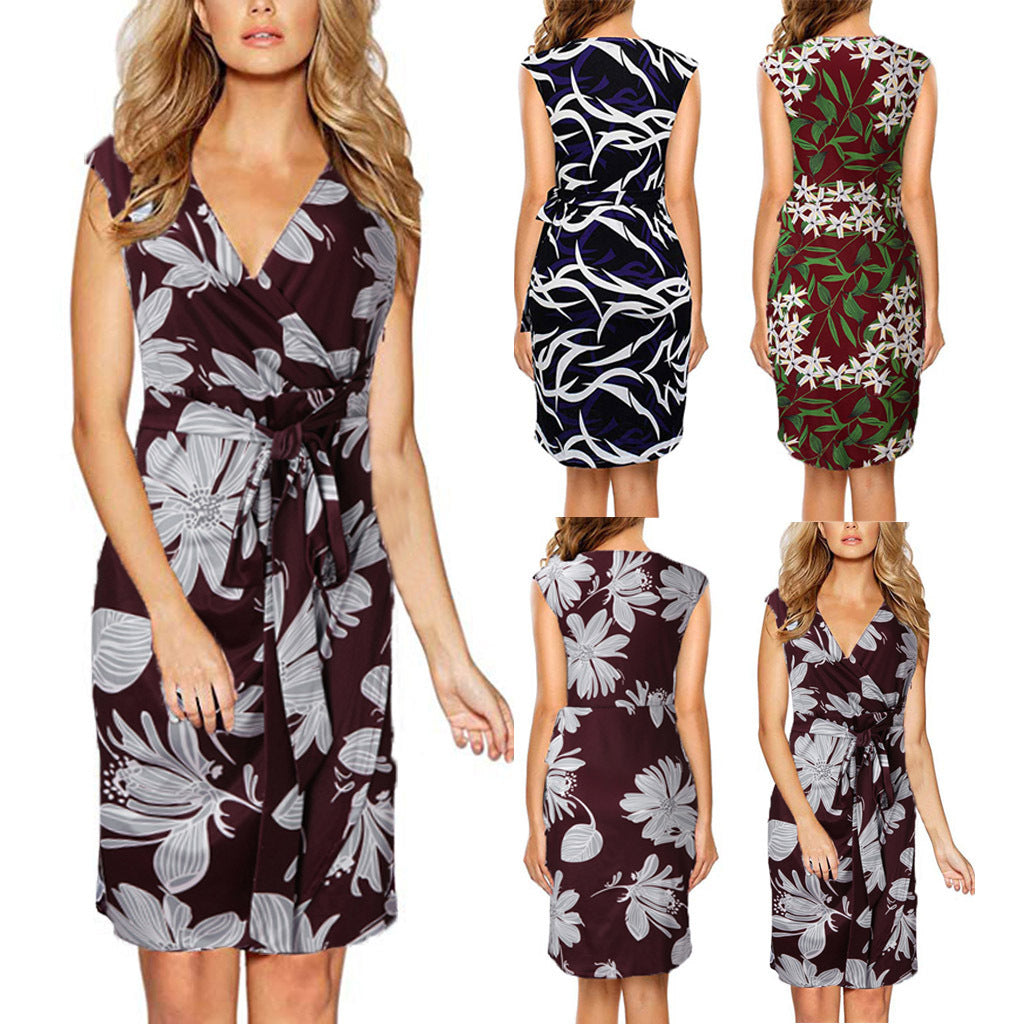 Amazon Women's V-neck Sleeveless Sexy Belt Wrapped Irregular Dress Printed Dress