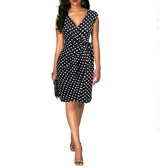 Amazon Women's V-neck Sleeveless Sexy Belt Wrapped Irregular Dress Printed Dress