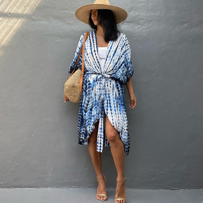 Blue and white cheap striped beach cover up