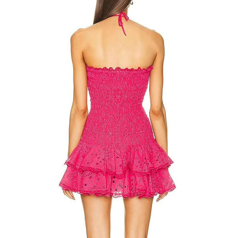 New Fashion Elegant Design Elastic Waist Ruffled Waist Slimming Embroidered Strapless Dress Women