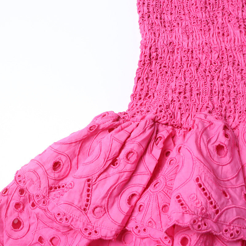 New Fashion Elegant Design Elastic Waist Ruffled Waist Slimming Embroidered Strapless Dress Women