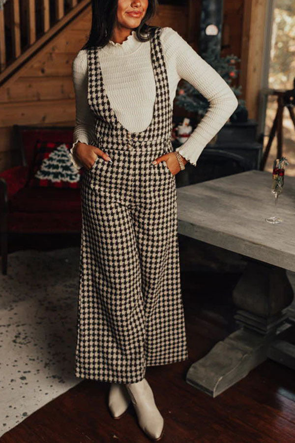 Women's Printed Plaid Loose Suspender Wide-leg Trousers For Autumn And Winter