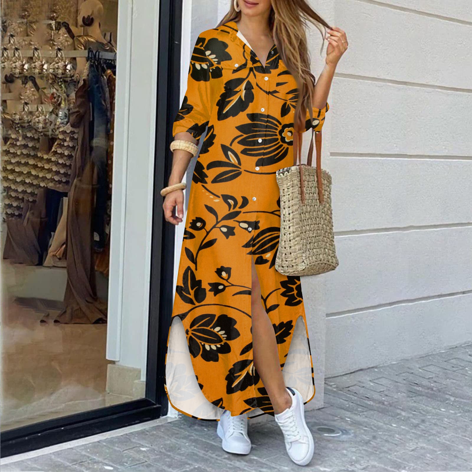 Floral Print Shirt Long Dress