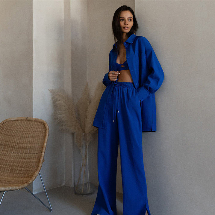 Women's Casual Loose Shirt High Waist Trousers Two Piece Set