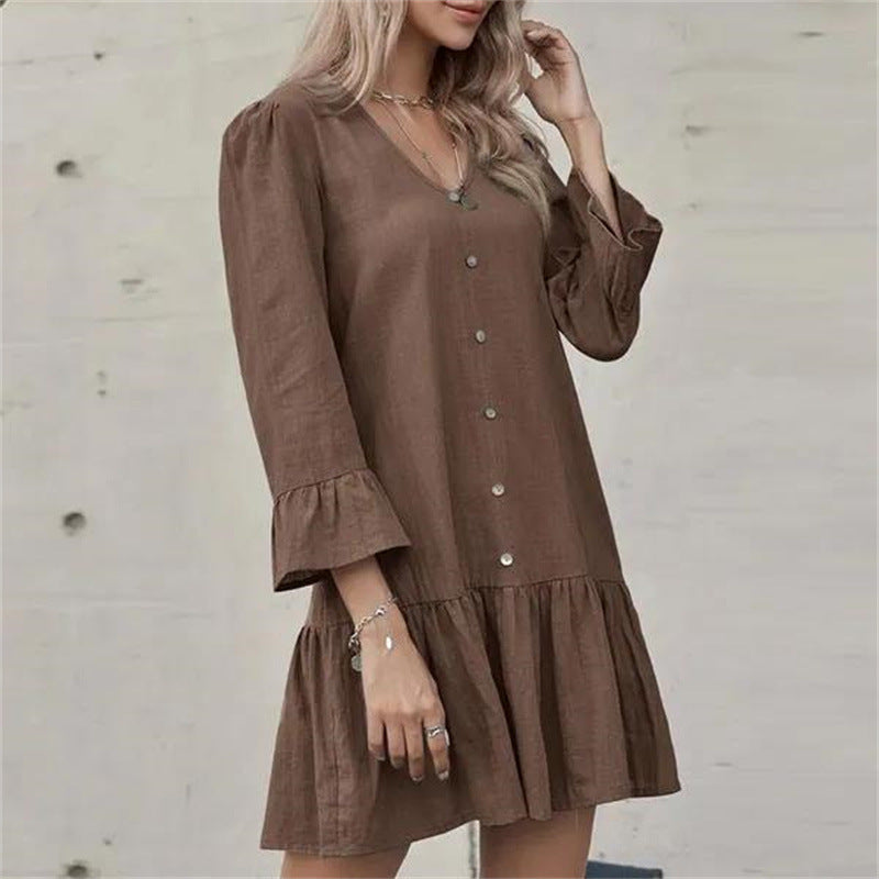 Women's Button Pleated Bell Sleeve Cotton And Linen Dress