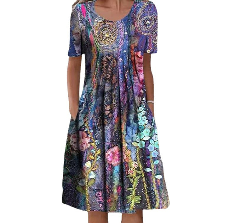Printed Short Sleeve Round Neck Dress