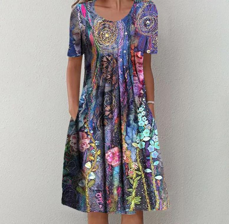 Printed Short Sleeve Round Neck Dress