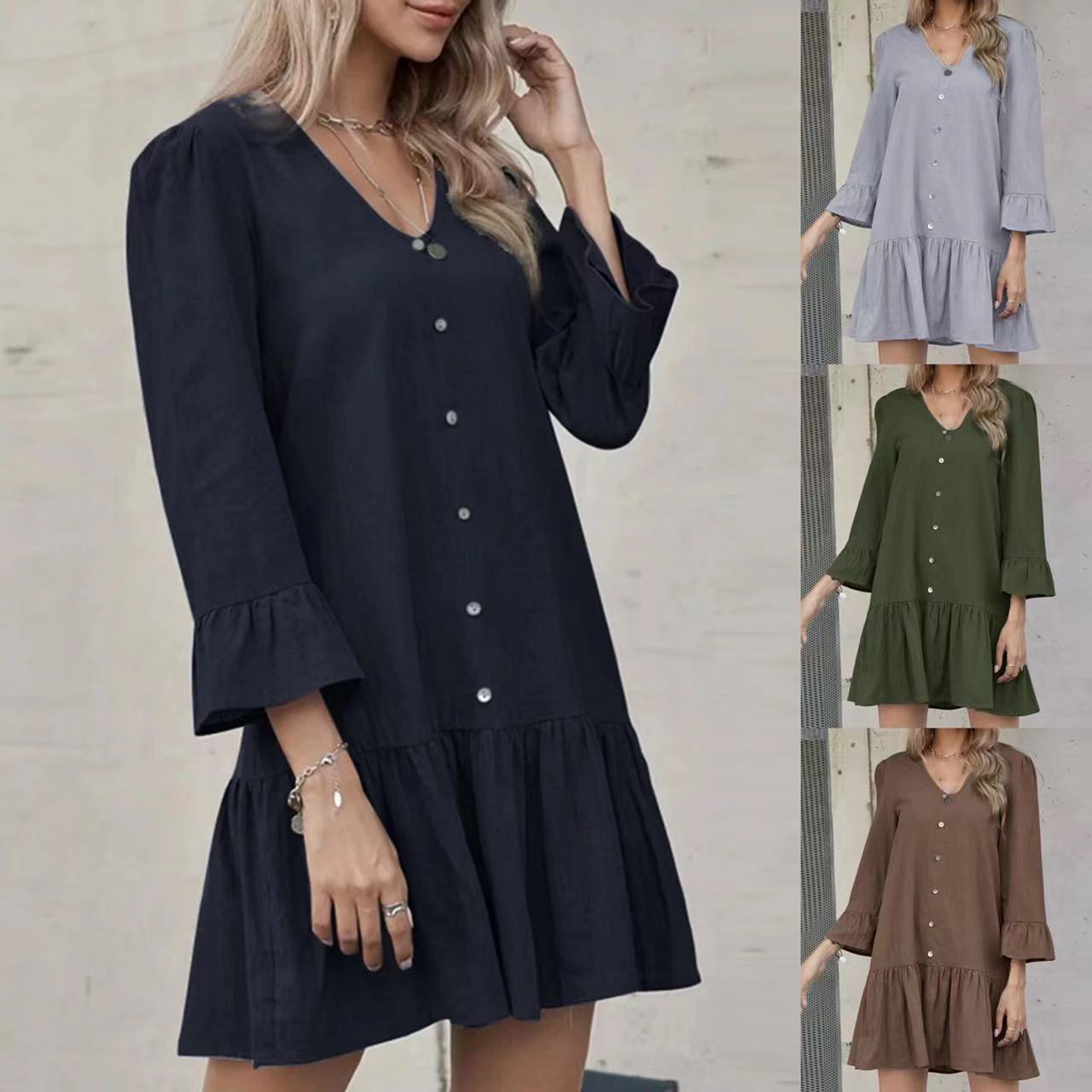 Women's Button Pleated Bell Sleeve Cotton And Linen Dress