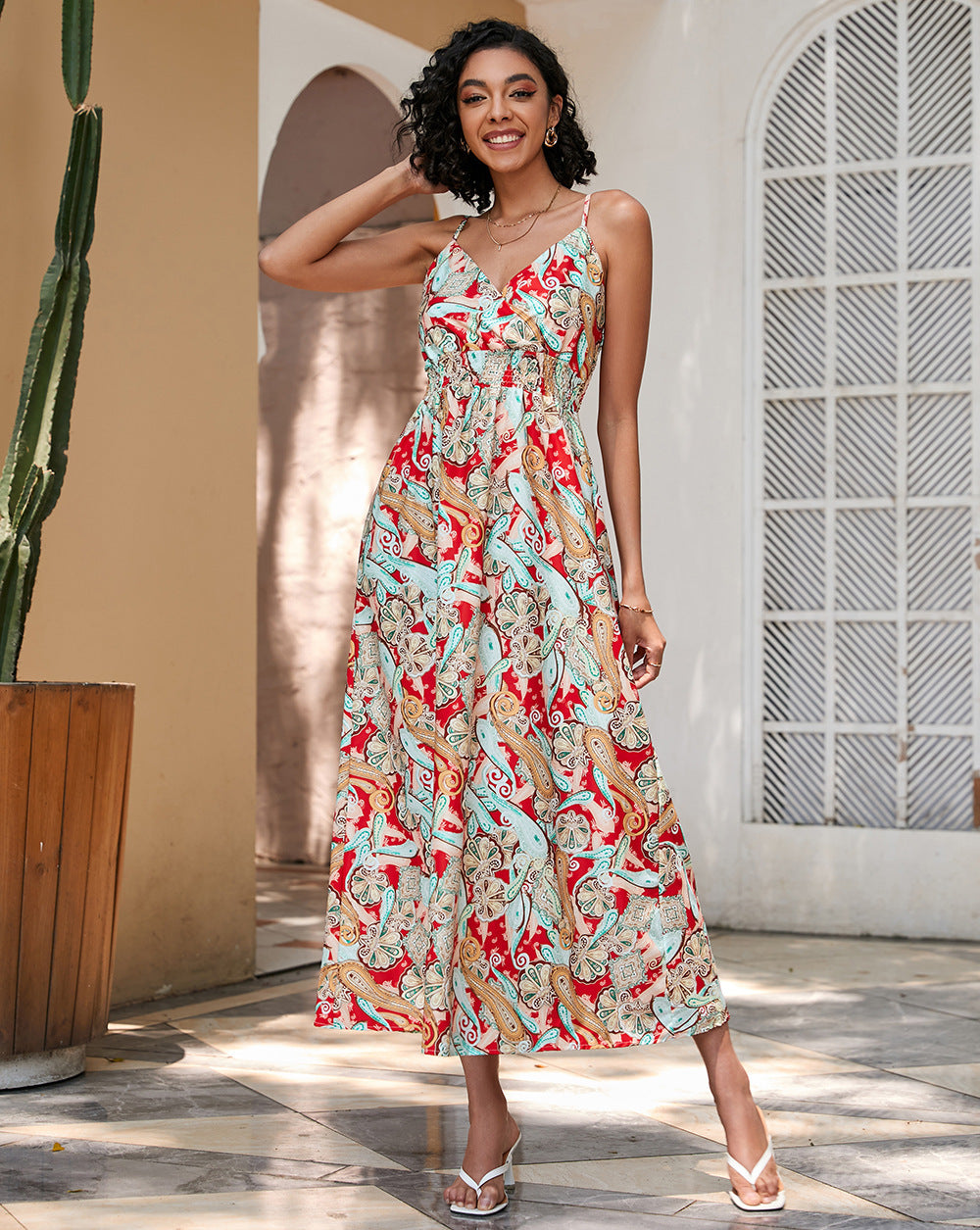 Women's Printed Waist-controlled Mid-length Sling Dress