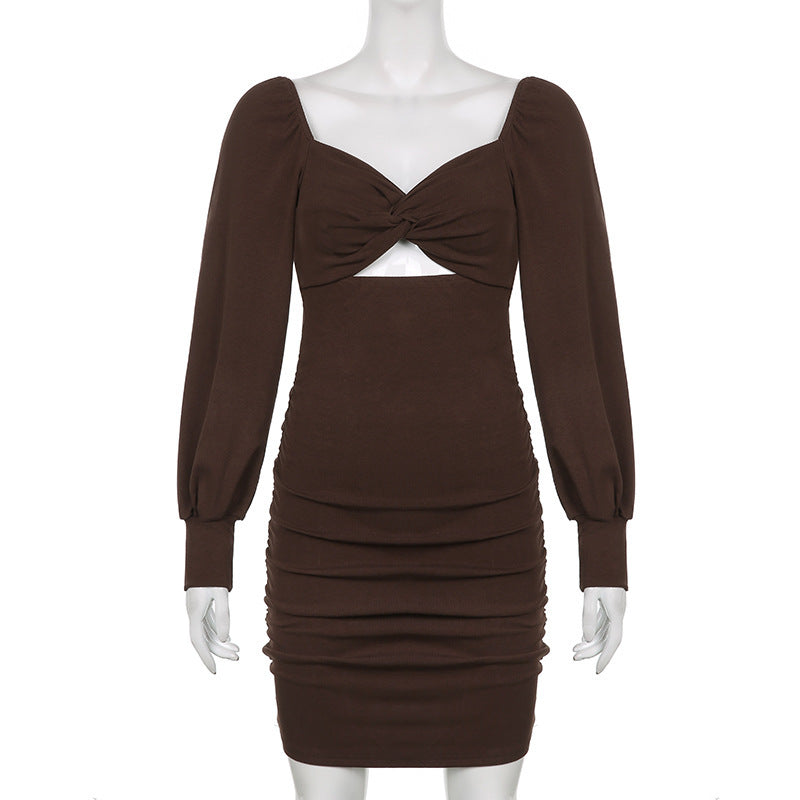 Design Twist Chest Cutout Puff Sleeve Pleats Dress