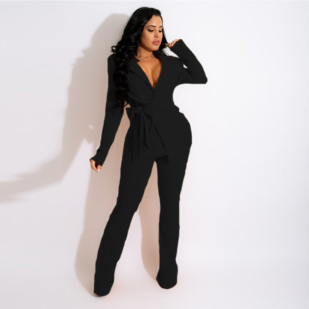 Solid Color Professional V Neck Fashion Women's Two Piece Set