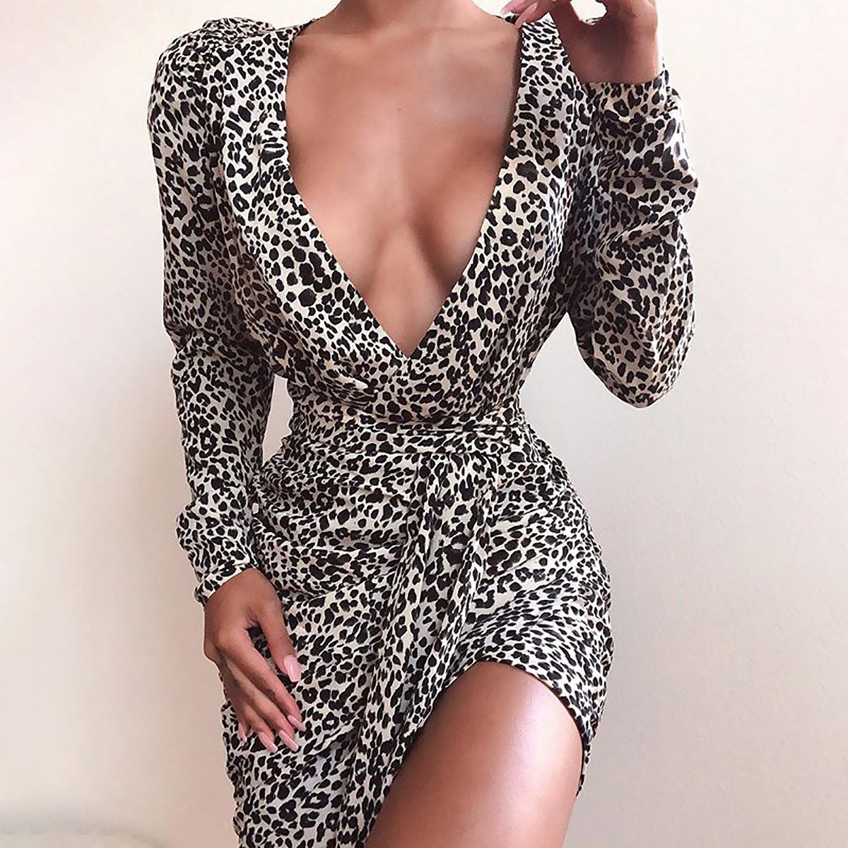 Leopard-print deep V long sleeve lace dress