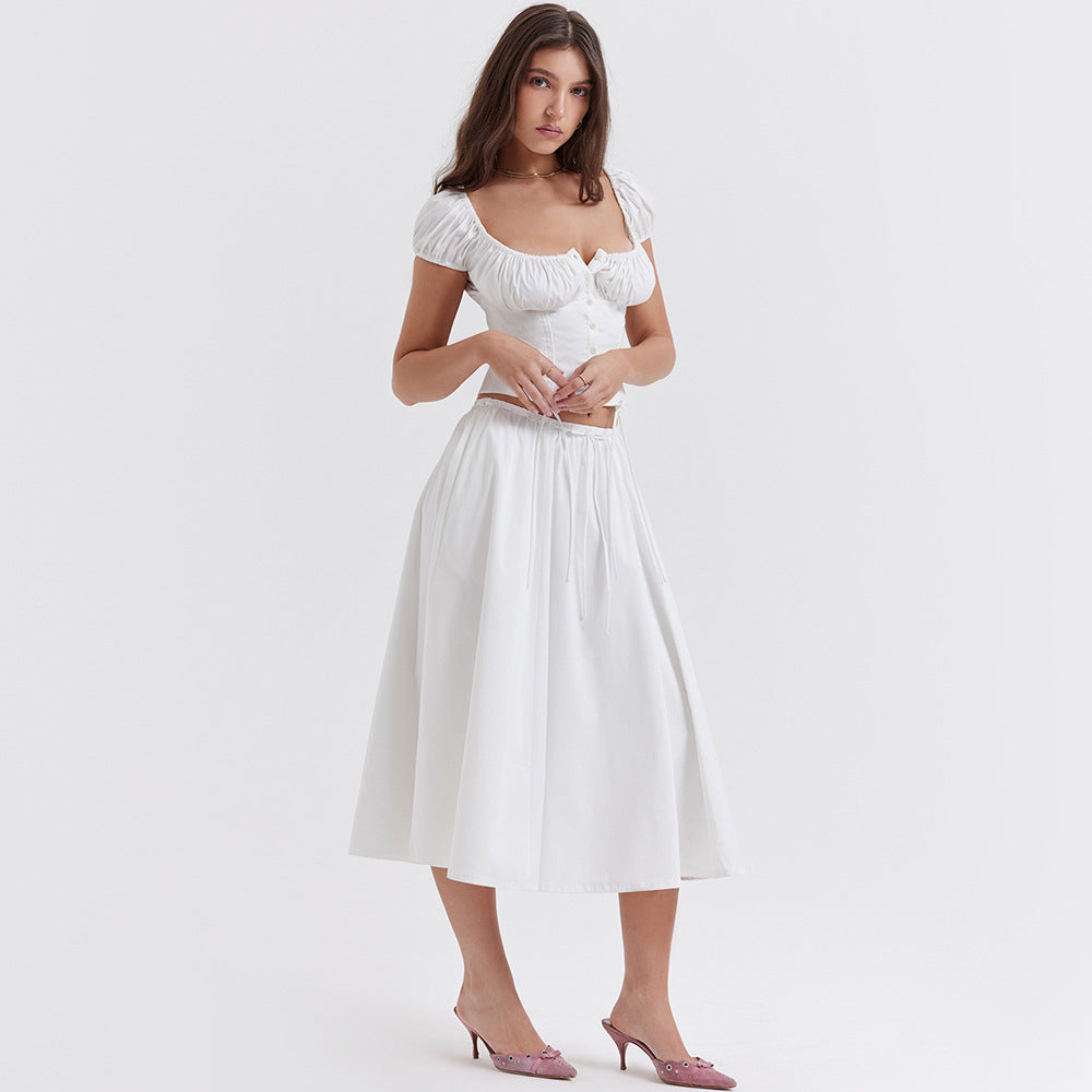 Square Collar Puff Sleeve Short Midriff-baring Top Skirt Suit