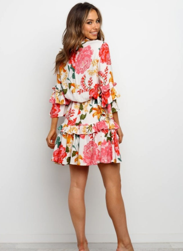 Fashion print round neck long sleeve dress