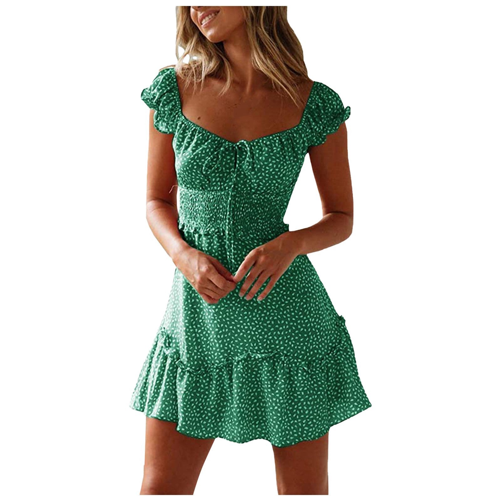 New Splicing Ruffled Floral Skirt Short-sleeved Printed U-Neck And High-Waisted Dress