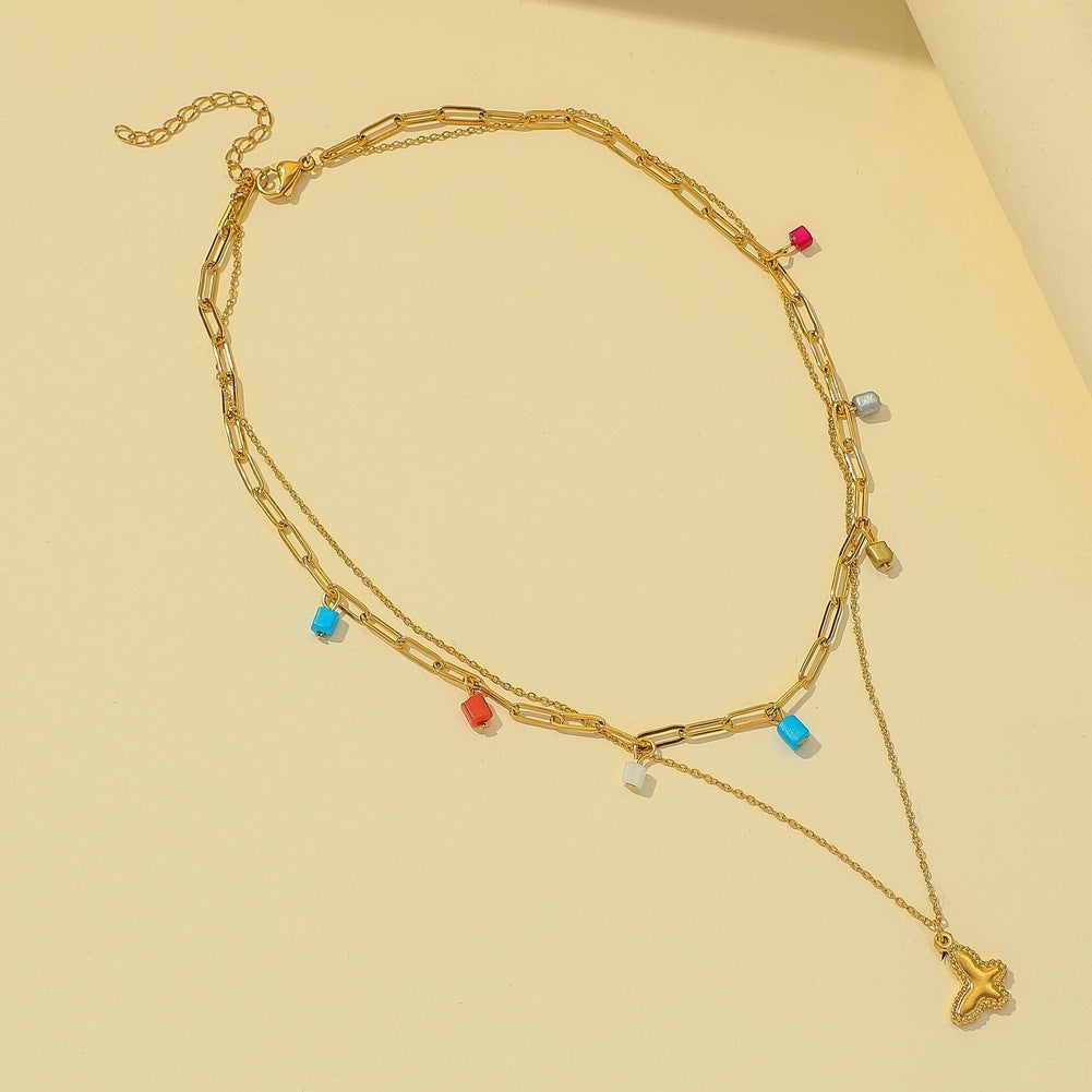 New Stainless Steel Colorful Bead Necklace Double Clavicle Chain Simple And Fashionable Butterfly Pendant