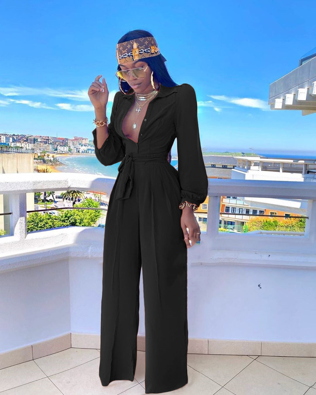 Fashion Solid Color Casual Shirt Collar Jumpsuit With Belt