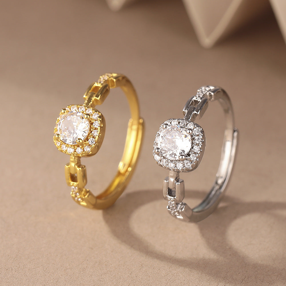 Simple All-match Geometric Square Round Diamond Ring For Women