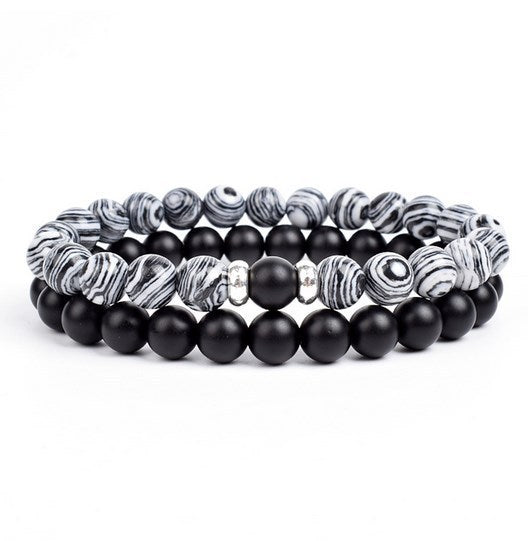 2 Pieces A Set Of 8mm Black And White Malachite Bracelets