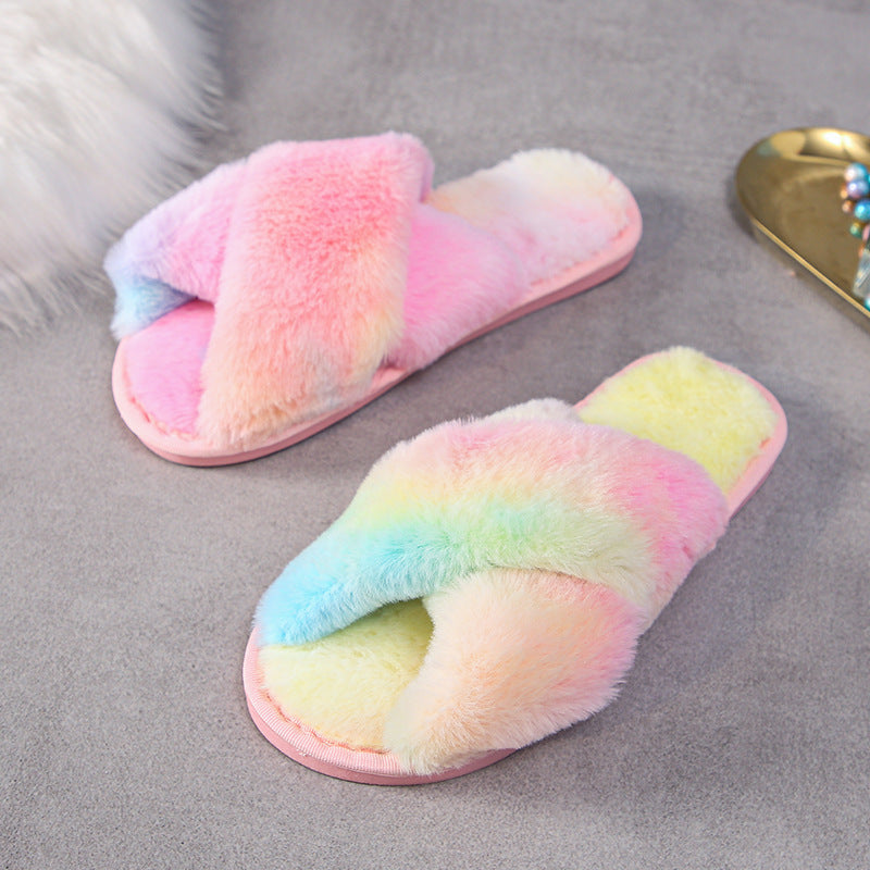 Fashion Cross Plush Casual Rainbow Slippers