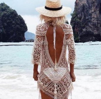 Beach holiday sun protection clothing sexy openwork lace hook flower back dress bikini blouse