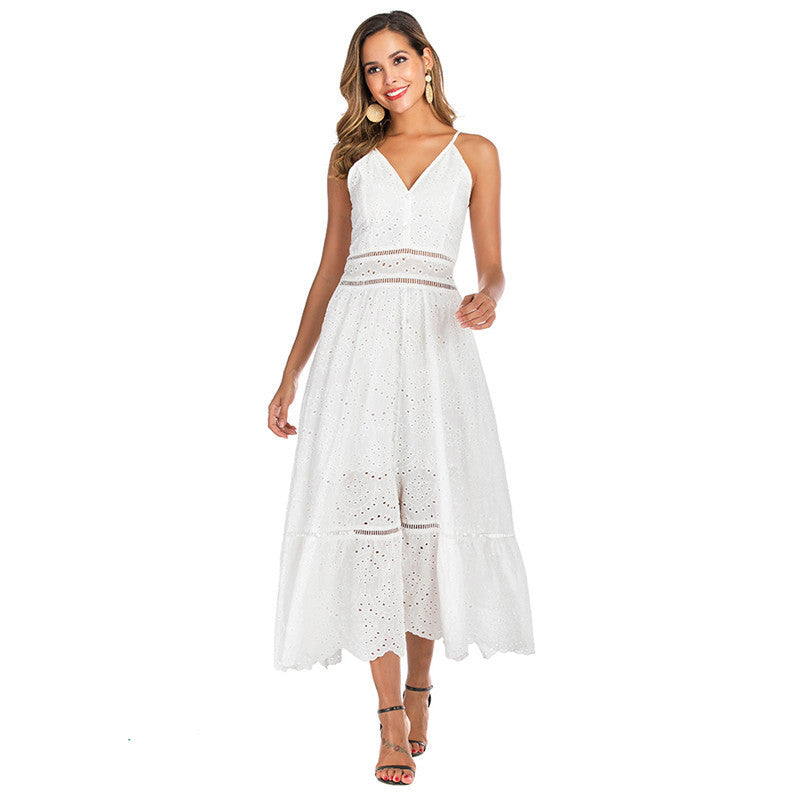 New Pearl White Sexy Women's Mesh Hollow Embroidered Tight Dress Evening Dress