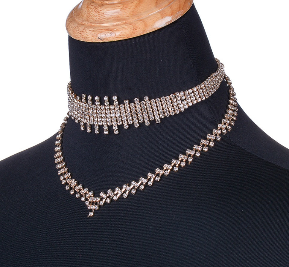 Rhinestone irregular double choker necklace necklace