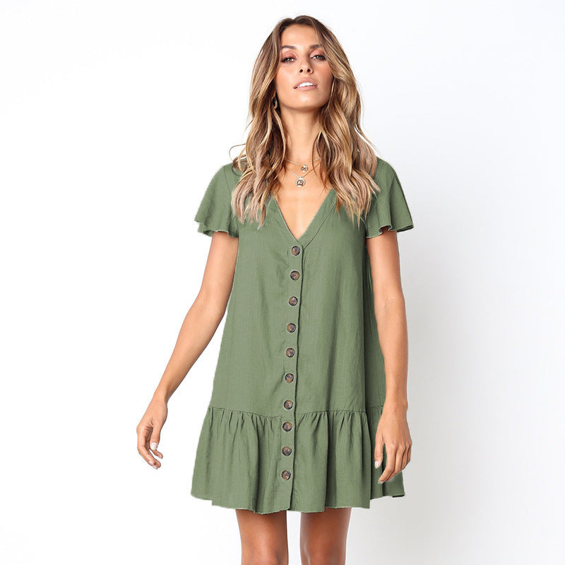 Buttoned short-sleeved pleated dress
