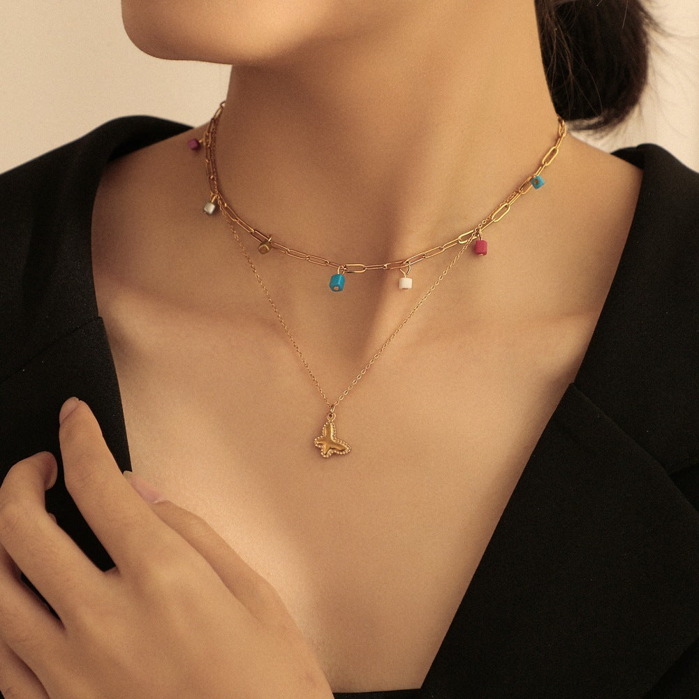 New Stainless Steel Colorful Bead Necklace Double Clavicle Chain Simple And Fashionable Butterfly Pendant