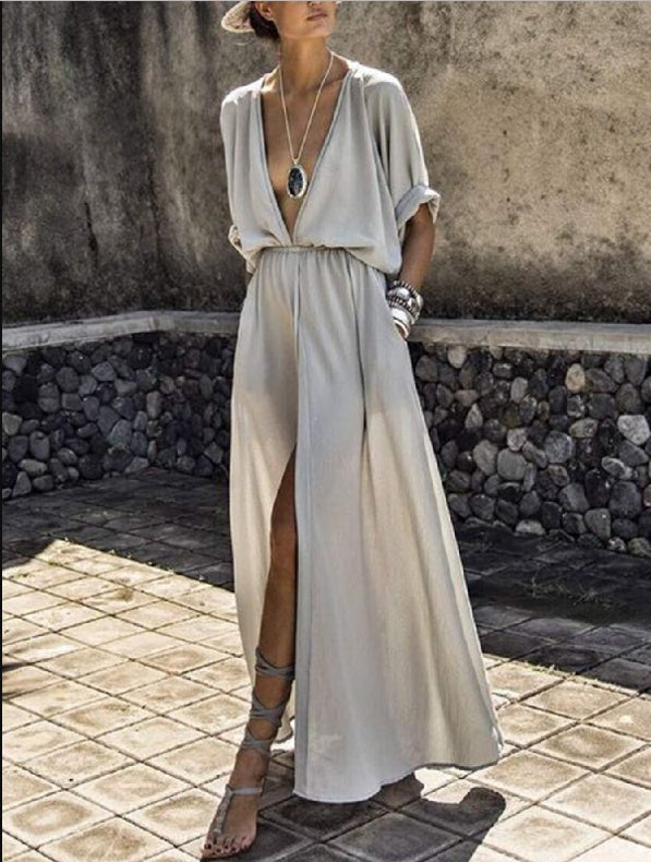 deep V split fork dress long dress